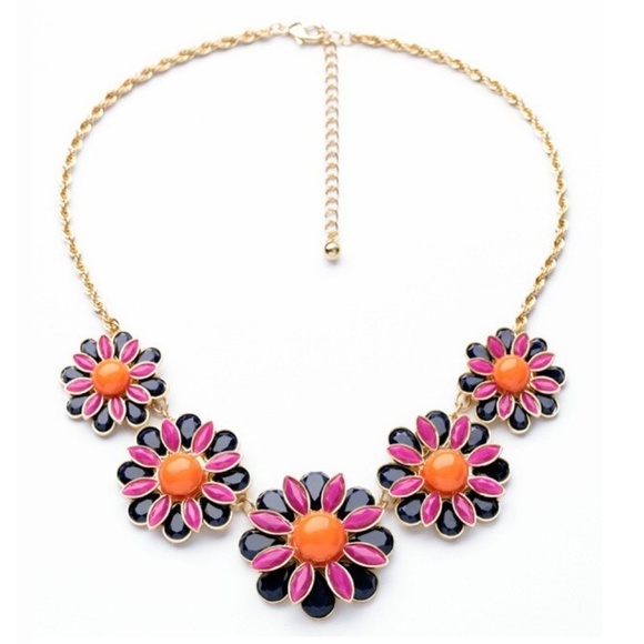 Goldtone, Pink And Black Floral Bib Necklace - Picture 1 of 2